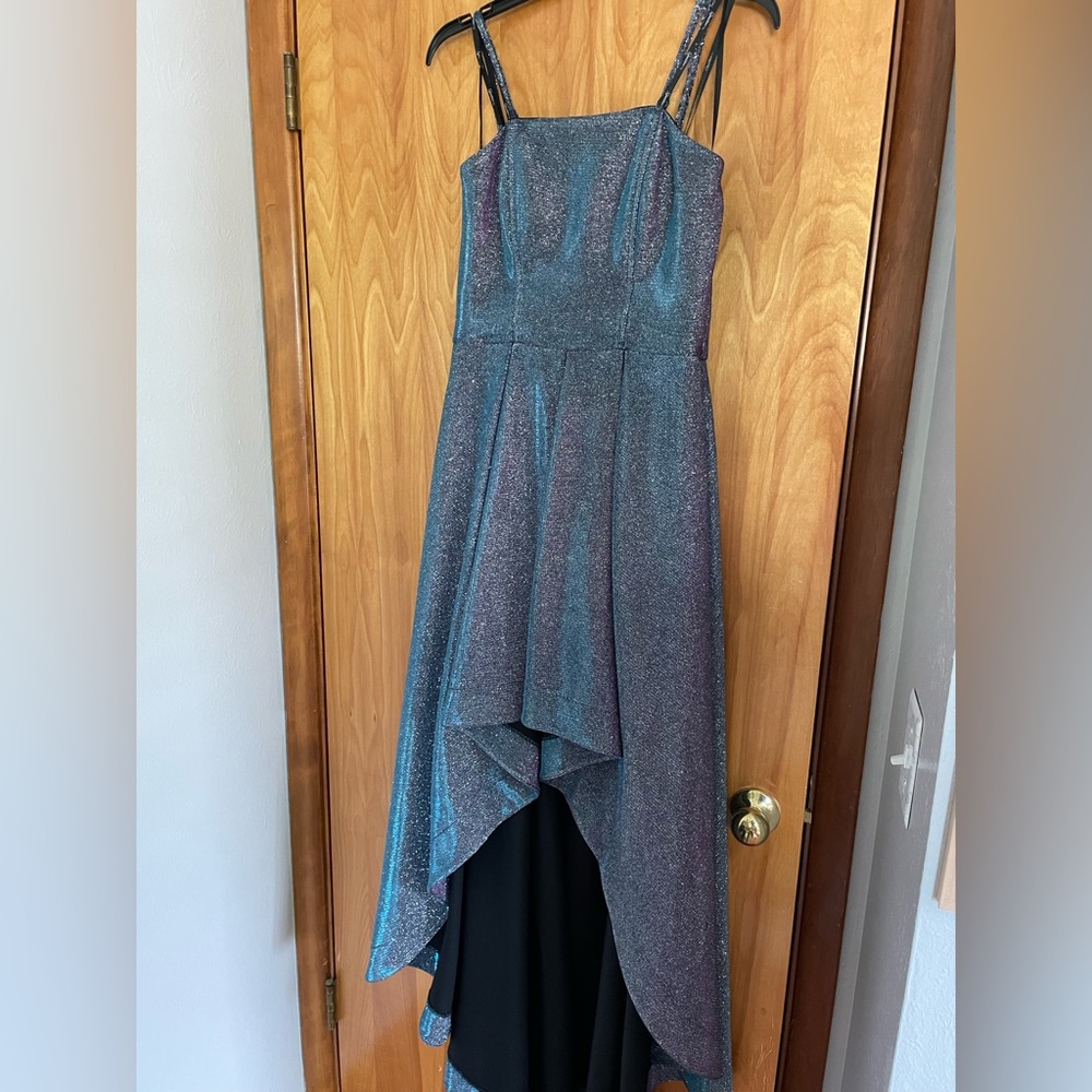 Purple Glitter Prom Dress High Low Formal Dress Strapless with Clip on Straps